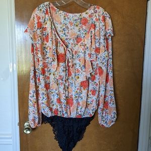 NWOT Free People Say It To Me Bodysuit Orange Floral Print Black Lace